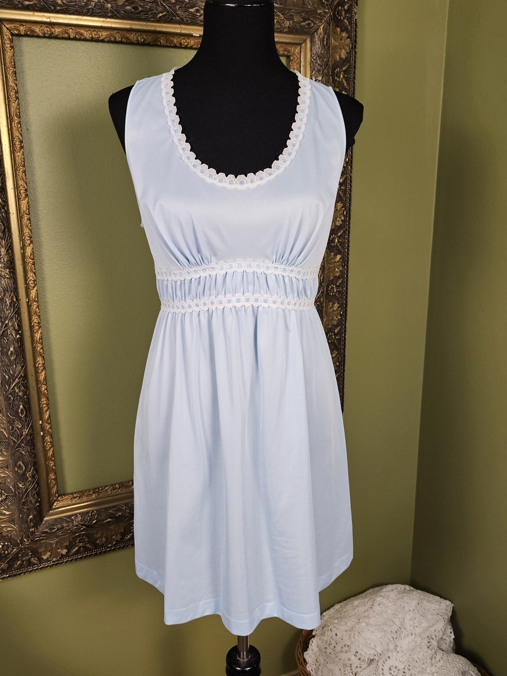 Vintage Formfit Rogers Nightgown Blue Eyelet Lace Babydoll Sleep Dress M